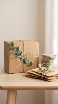 Eco-friendly kraft paper package tied with twine and eucalyptus leaves in a bright studio setting