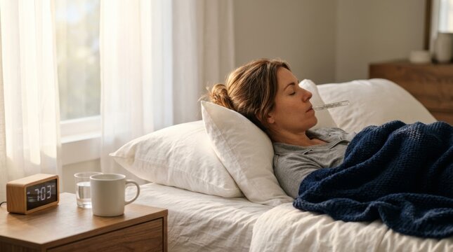 A sick woman lying in bed with a thermometer in her mouth during the morning to monitor a fever for healthcare diagnosis and recovery monitoring in a bright comfortable home bedroom