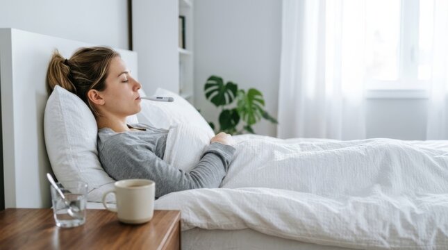 Sick woman resting in bed taking temperature with a digital thermometer in a bright bedroom during recovery from illness for healthcare and wellness editorial content