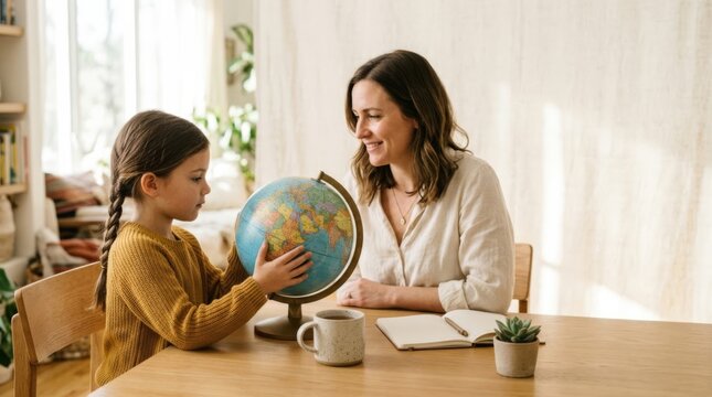 Young girl and female tutor using a world globe during a private homeschooling session in a sunlit home office, representing personalized learning and academic growth