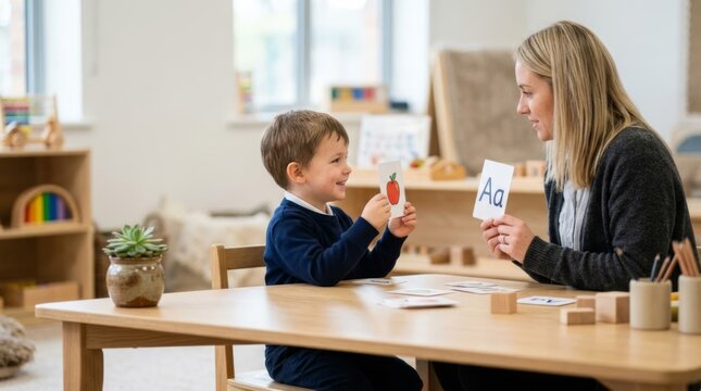 Preschool child learning phonics with a tutor at a wooden desk in a bright classroom setting, using flashcards for interactive literacy education and development
