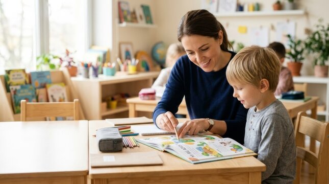 Teacher and young student working together on a reading exercise in a sunlit classroom, promoting personalized learning, academic guidance, and supportive educational collaboration
