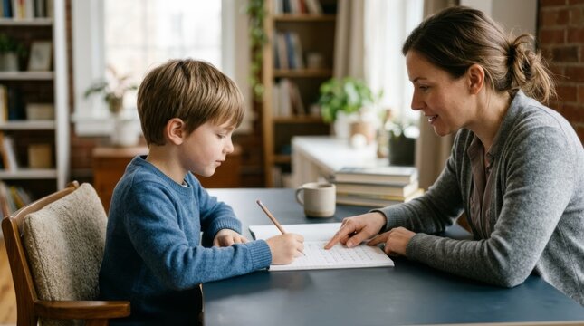 Private tutoring session with a young boy writing in a notebook while his tutor provides guidance at a desk in a home classroom setting to promote personalized education and academic support