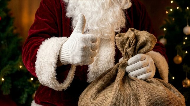 A mid-section shot of Santa Claus in a classic red suit giving a thumbs up sign while holding a large rustic burlap sack of gifts against a warm festive Christmas tree background.