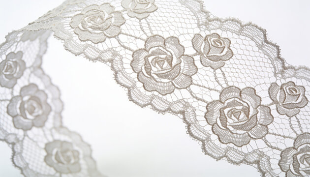 white lace, rose pattern, lace ribbon, vintage trim, floral embroidery, bridal lace, wedding fabric, delicate lace ribbon on white background, elegant textile border, decorative lace trim
