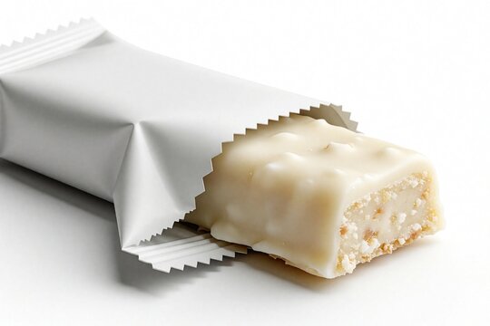 White protein bar in open mockup wrapper with white chocolate glaze, creamy filling. Tasty healthy snack with bite taken out. Isolated food product on white background for diet, fitness, nutrition