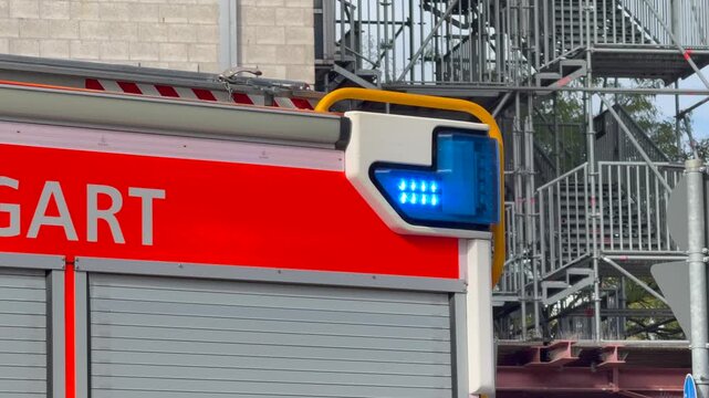 B-Roll: Flashing Blue Emergency Corner Light and "STUTTGART" Lettering on a Stuttgart Fire Department Vehicle
