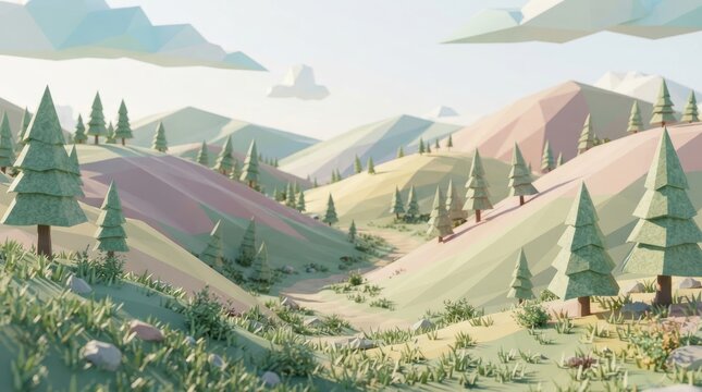 Low poly landscape with mountains, pine trees, and a winding dirt path