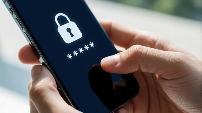 Close up of hands using smartphone for secure login. Person enters password on touch screen with digital padlock icon. Mobile app provides data privacy, cyber security protection. User manages