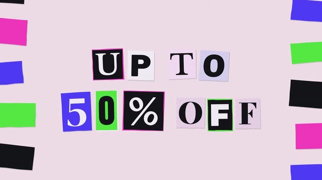 Up to 50% Off Sale ransom note cutout letters promo animation with colorful paper scraps on pastel pink stop motion seamless loop