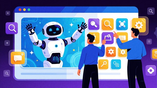 Two men interact with large web browser window showing cute white robot. Users touch floating digital icons, interface elements for programming software testing. Concept of artificial intelligence,