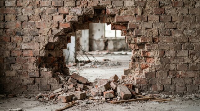 Large hole in old weathered red brick wall with debris on the floor