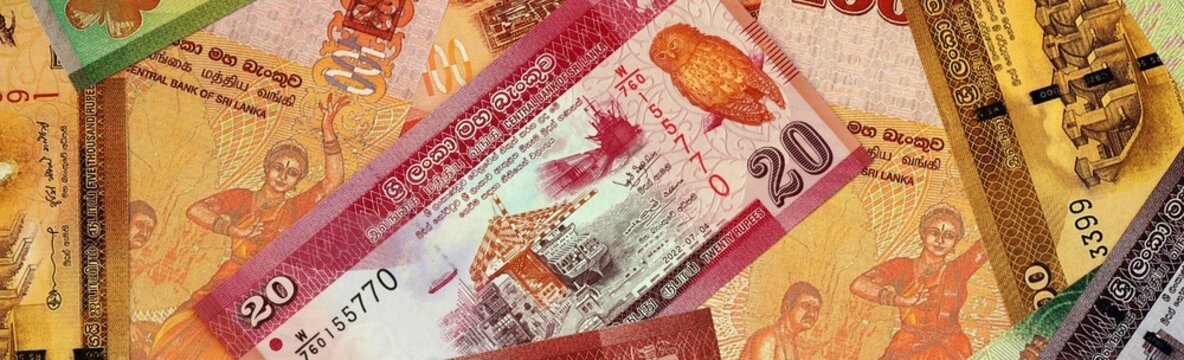 Sri Lankan rupee money bills in pile on table. Sri Lanka LKR currency cash close up