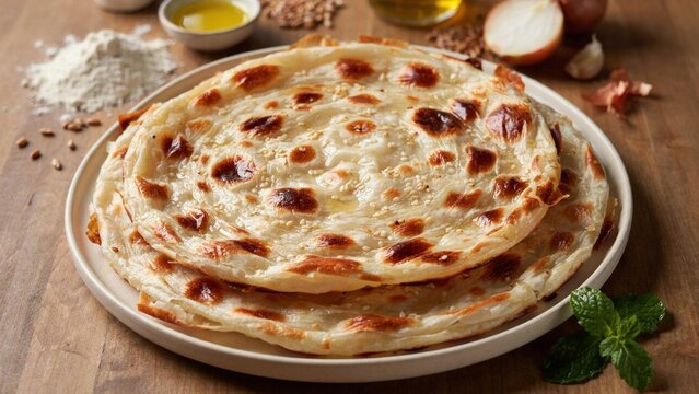 Qatari cuisine. Porotta. Crispy layered tortilla made from wheat flour, fried in a frying pan with the addition of melted butter or butter.