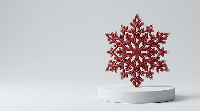 Decorative red snowflake ornament standing on a small round pedestal for winter holidays