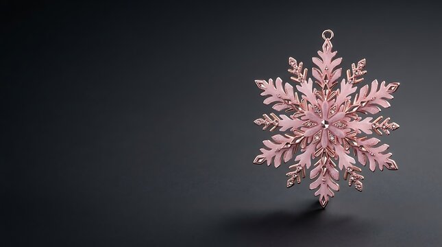 Beautiful shiny pink snowflake ornament hanging as a christmas decoration on a dark background