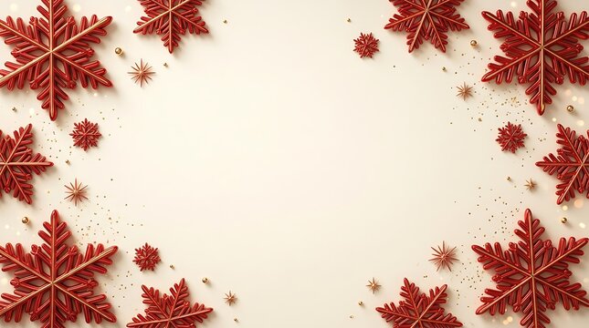 Red shiny snowflake ornaments arranged as a festive christmas holiday frame border design