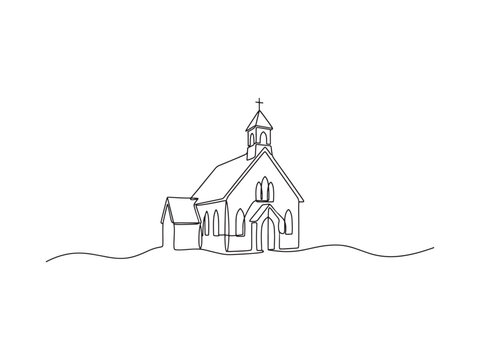 Continuous line drawing of a traditional church building with steeple