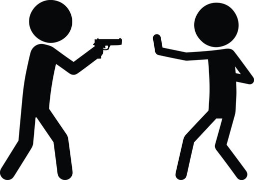 Armed criminal stick figure pointing gun at defensive person showing stop hand gesture for crime confrontation vector