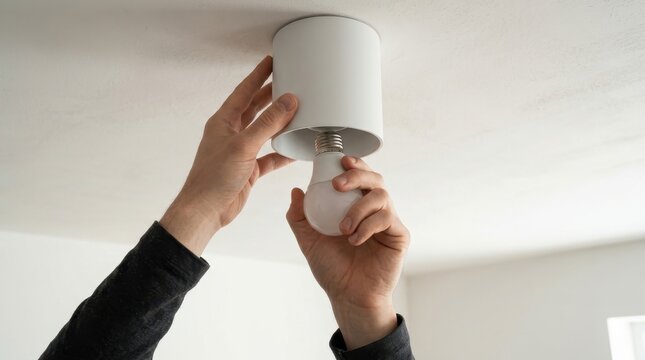 Person installing a light bulb into a white ceiling fixture