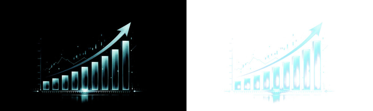 Glowing teal bar chart with nine ascending columns and curved upward arrow, dark minimalist financial growth graphic PNG, isolated on transparent background