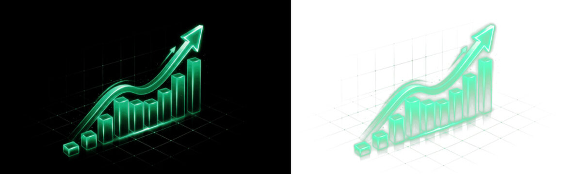 Glowing green isometric 3D bar graph with nine rising columns and curved neon arrow pointing up on perspective grid PNG, isolated on transparent background