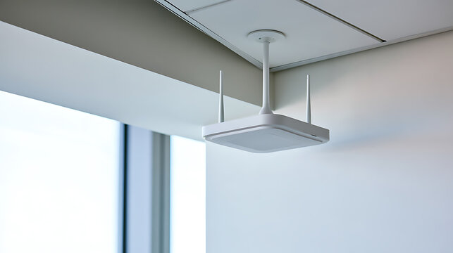 A white wireless router mounted on a modern office ceiling providing high speed internet network connectivity for business productivity