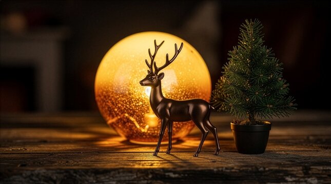 A graceful dark deer figurine next to a small potted pine tree on a rustic wooden table, beautifully backlit by a large glowing golden sphere lamp that creates a warm holiday atmosphere.