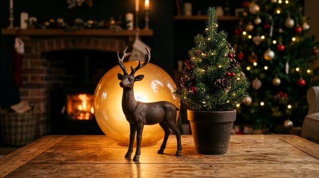 A festive holiday arrangement with a rustic deer figurine and a decorated mini pine tree on a wooden table, featuring a glowing sphere lamp and a warm fireplace background.