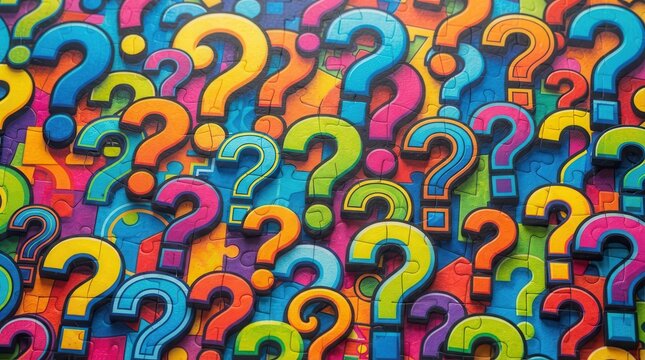 Colorful jigsaw puzzle pieces forming a pattern of question marks