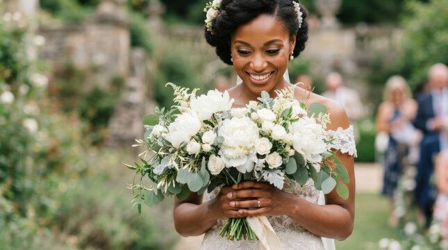 Beautiful smiling African American bride holding a wedding bouquet