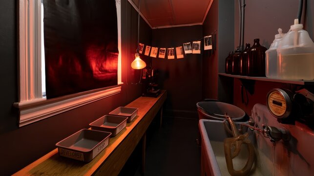 Professional darkroom film development process with red safelight