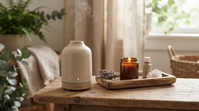 Ceramic essential oil diffuser emitting mist on wooden table with candle