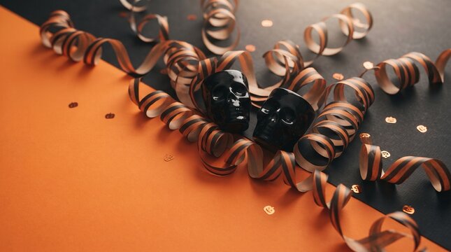 Black skulls and festive streamers on orange with two glossy
