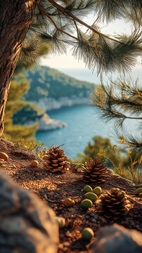 Scenic Mediterranean Coastal Bay Framed by Pine Trees in Warm Sunlight