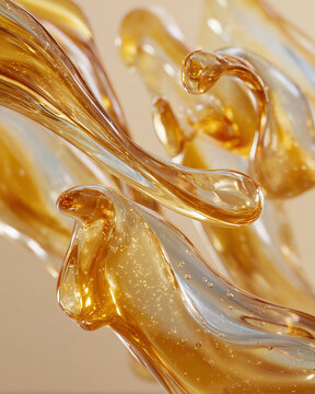 Abstract Golden Serum Flow with Transparent Glossy Liquid Waves