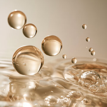 Transparent Golden Oil Droplets Floating Above a Liquid Surface