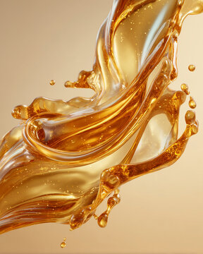 Transparent Golden Cosmetic Oil Splash with Flowing Liquid Texture