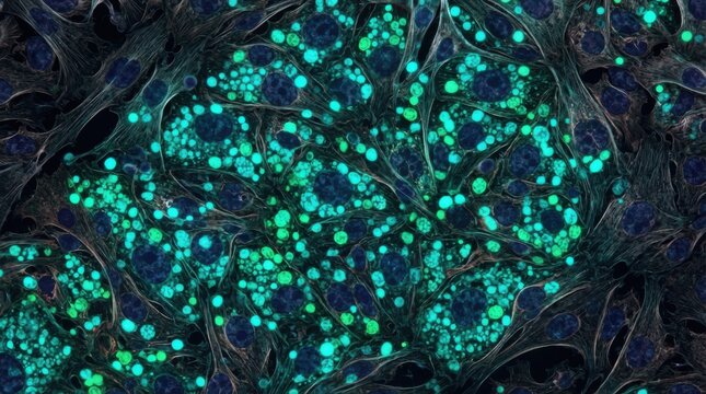 Microscopic view of fluorescent cells with green lipid droplets and blue nuclei