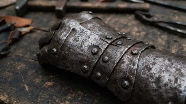 Medieval metal gauntlet resting on a dark wooden workbench with blacksmith tools