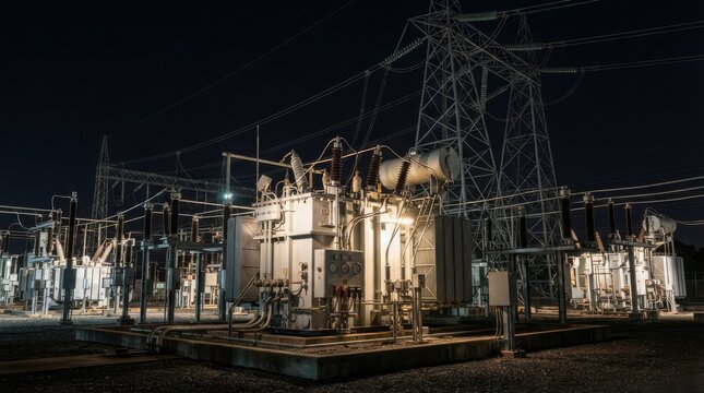 Electrical substation with large transformers and power towers at night