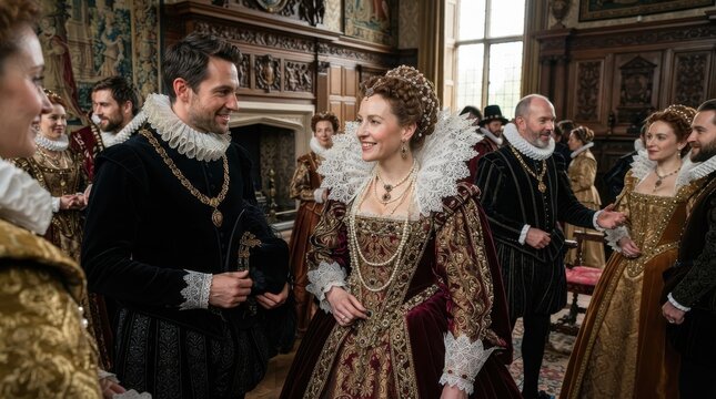 Renaissance nobles in historical costumes in a grand hall