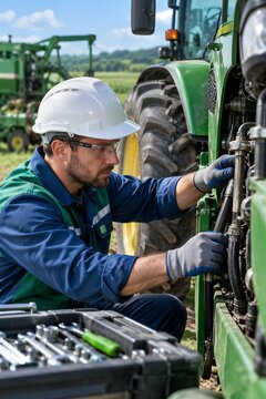 Agricultural mechanic inspects a tractor and farm equipment in a workshop, wearing safety gear for machinery maintenance, repair, and troubleshooting, ensuring reliable