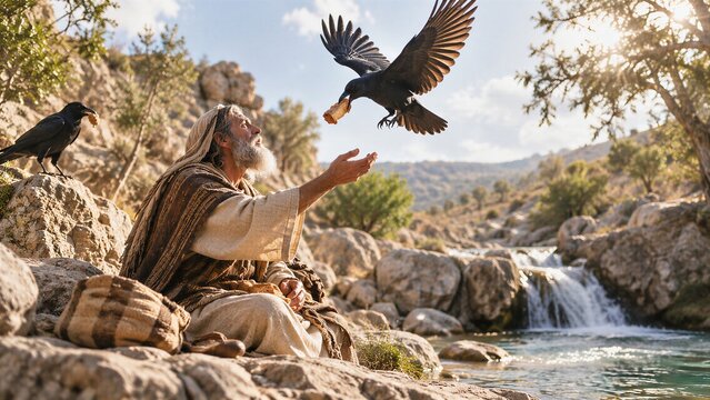 Prophet Elijah receiving divine provision of bread from ravens beside the ancient Kerith Ravine, a biblical miracle from the Old Testament.
