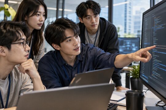 Asian male software engineer pointing at source code on a large screen during a tech team meeting, discussing new software development project in office.