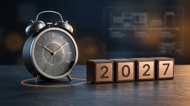 A black vintage alarm clock next to wooden cubes showing the year 2027 on a dark surface