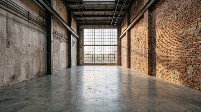 Massive empty industrial loft interior with aged brick wall, polished concrete floor, and large steel-framed windows, perfect for interior design and architecture mockups.