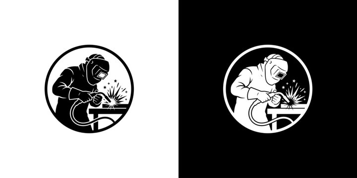 Welder worker vintage emblem logo set with welding torch and sparks industrial metalwork trade vector illustration