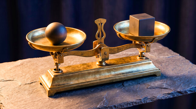 Traditional metal balance scale weighing geometric sphere against cube on stone platform represents comparison logic and equilibrium in mathematical concepts study.