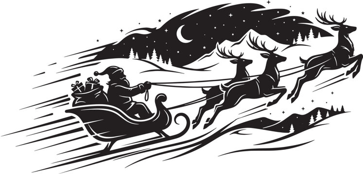 Christmas holiday vector featuring Santa Claus flying reindeer sleigh